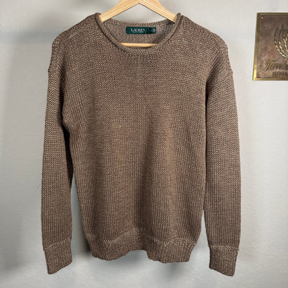 Lauren Ralph Lauren Womens Bronze Gold Metallic Knit Crew Neck Sweater SP - Picture 9 of 9